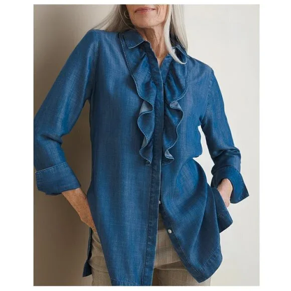 Chico's Ruffle Denim Tunic - Picture 2 of 11